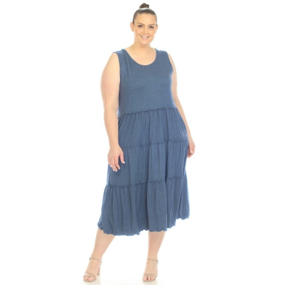 White Mark Scoop Neck Blue Dress Plus Size 1X Super Soft Ruffle Accents NEW - Picture 1 of 10